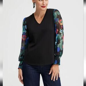 NEW Chico's Size 0/small Sparkly Floral Puff Sleeve Black Knit V-knit Top